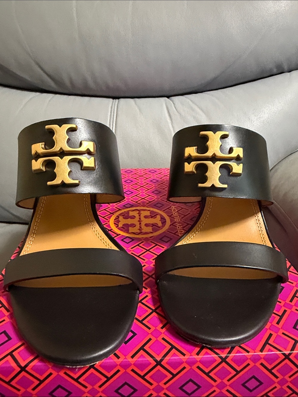 Tory Burch Black Leather Double-Band Slide Sandals with Gold Logo